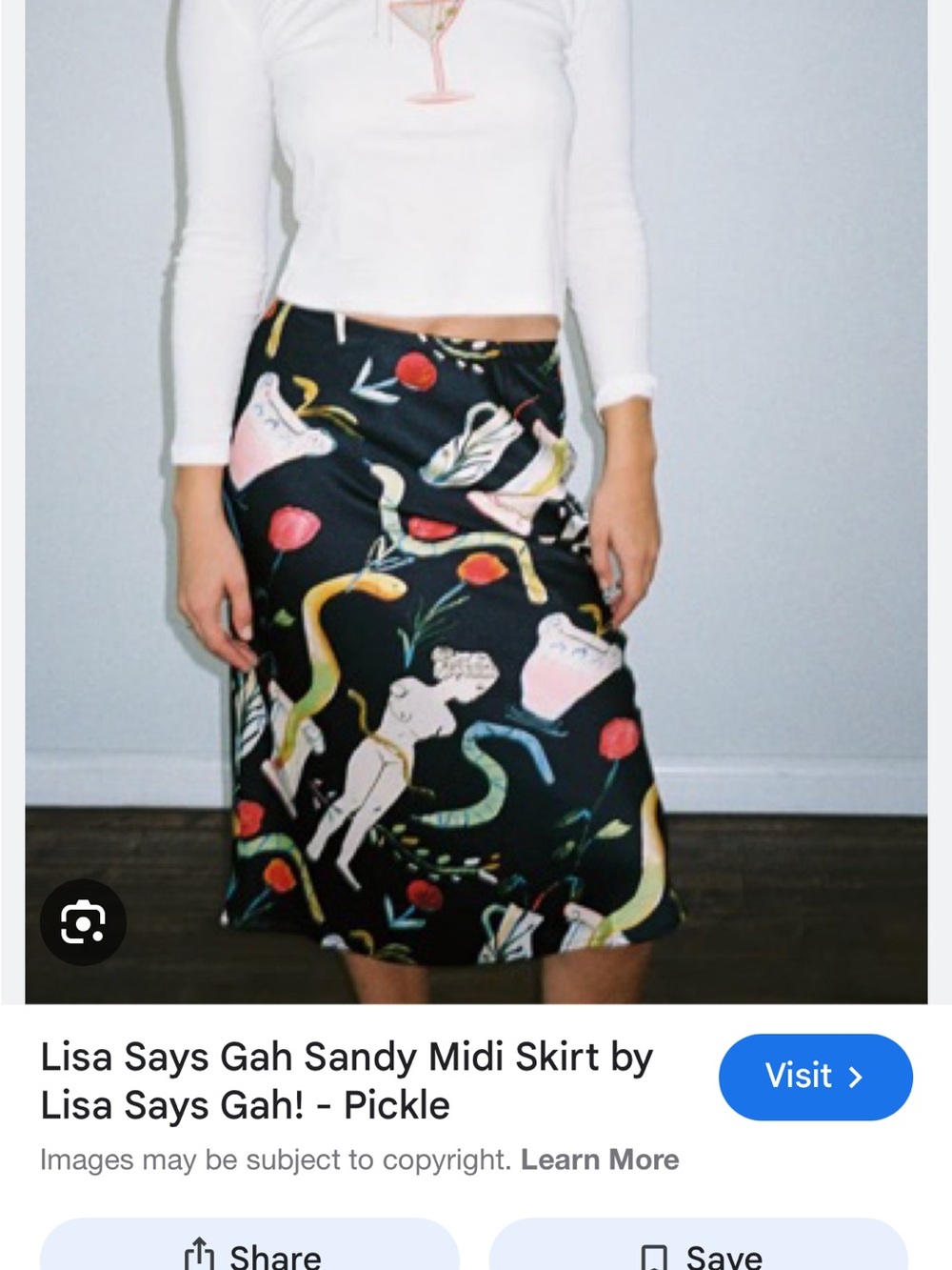 Lisa Says Gah Black Midi Skirt with Multi-Color Illustration Print